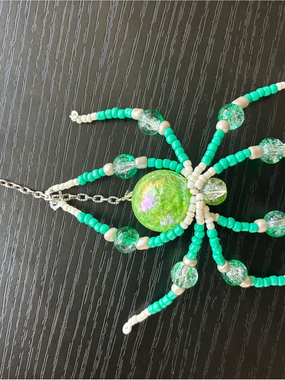 Green and White Beaded Keychain